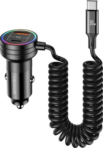 USAMS φορτιστής αυτοκινήτου US-CC167 με καλώδιο, USB/USB-C, 60W, μαύρος