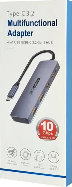 POWERTECH USB hub CAB-UC082, 4x θυρών, 10Gbps, USB-C σύνδεση, γκρι — εικόνα 3
