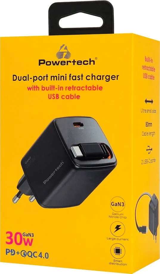 POWERTECH φορτιστής τοίχου PT-1571 με πτυσσόμενο καλώδιο, USB-C, 30W, GaN, μαύρος — εικόνα 3