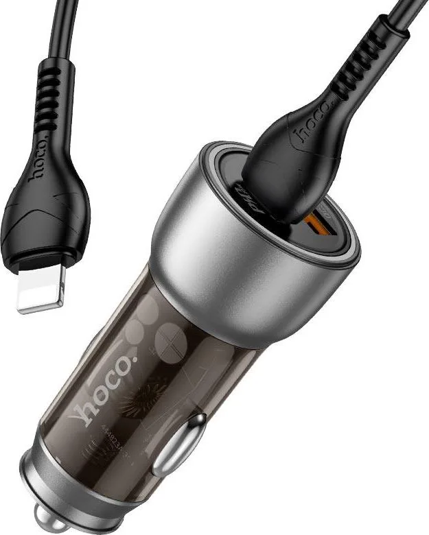 HOCO NZ8 φορτιστής ΑΥΤΟΚΙΝΗΤΟΥ, Sprinter PD25W+QC3.0, καλώδιο Lightning, 2 ΘΥΡΕΣ διάφανο καφέ — εικόνα 2