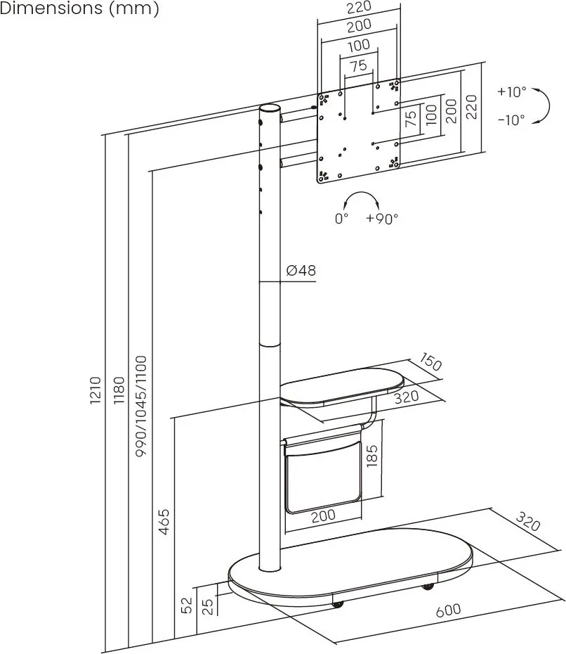 BRATECK βάση τηλεόρασης δαπέδου FS54-22T-02W, 17-43", έως 15kg, με ράφι & ροδάκια, μαύρη — εικόνα 6