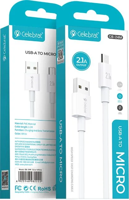 CELEBRAT καλώδιο Micro USB σε USB CB-24M, 2.1A, 1.2m, λευκό — εικόνα 3