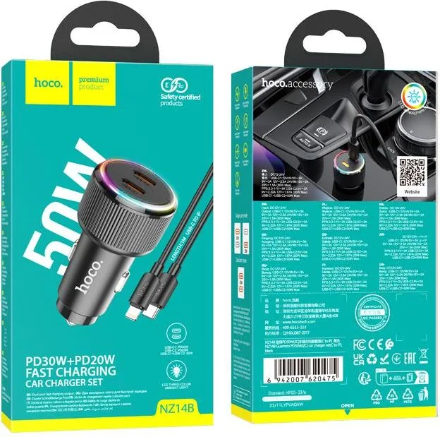 HOCO NZ14B φορτιστής ΑΥΤΟΚΙΝΗΤΟΥ Type-C ΣΕ Lightning, Guerrero PD50W , 2 ΘΥΡΕΣ , ΜΑΥΡΟΣ — εικόνα 2