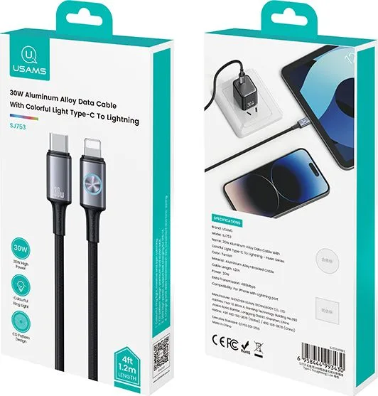 USAMS καλώδιο Lightning σε USB-C SJ753, 30W, 480Mbps, 1.2m, μαύρο — εικόνα 3