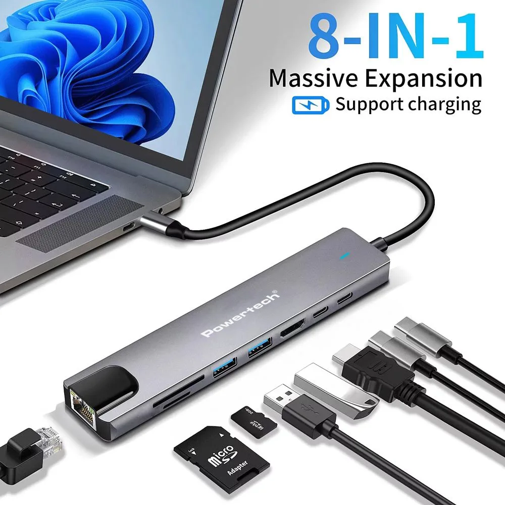 POWERTECH docking station PT-1537, 8 θυρών, USB-C σύνδεση, 100W PD, 1000Mbps, γκρι — εικόνα 2