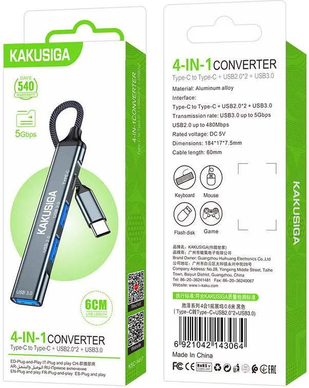 KAKUSIGA USB hub KSC-1417, 4x θυρών, USB 3.0, 5Gbps, USB-C σύνδεση, γκρι — εικόνα 5