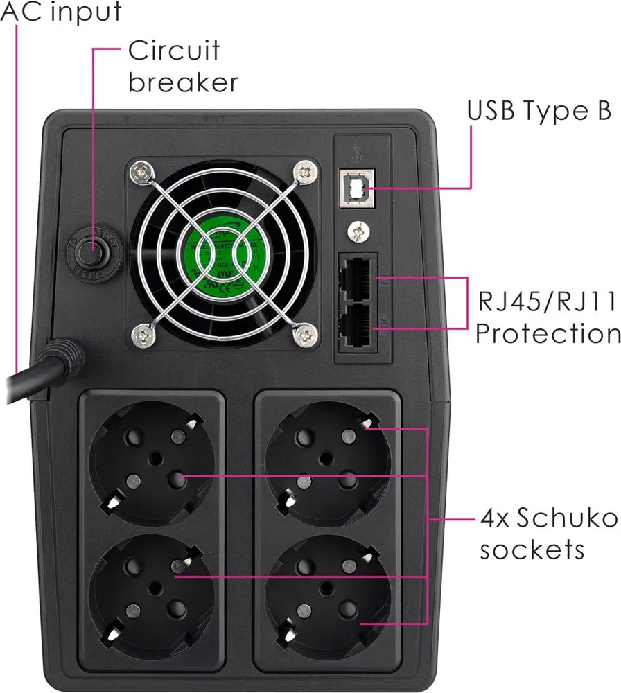 POWERTECH UPS Line Interactive PT-1800LCD με οθόνη, 1800VA, 1080W, 4x Schuko, 2x RJ45/RJ11, USB Type B — εικόνα 2