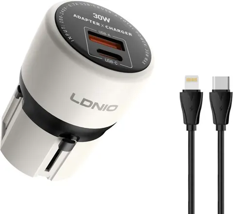 LDNIO φορτιστής τοίχου Q2319 με καλώδιο Lightning, EU/UK/US/AU βύσμα, USB/USB-C, 30W, γκρι