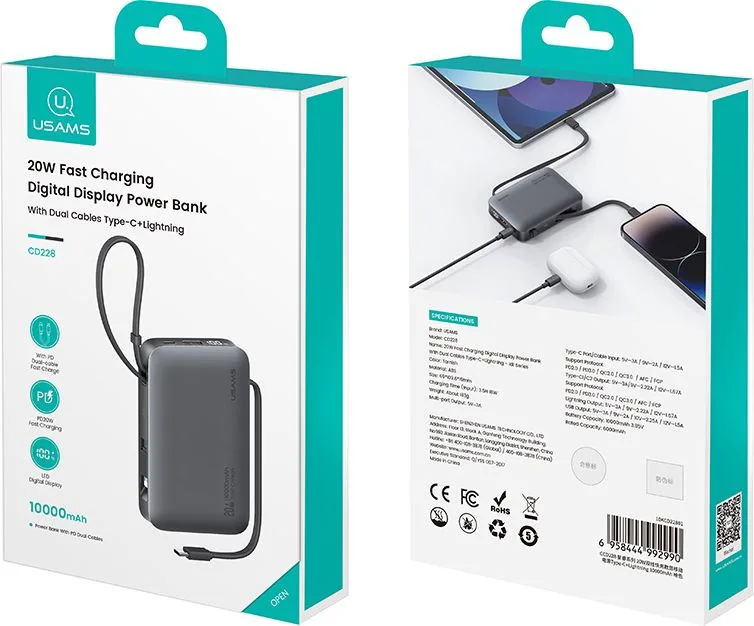 USAMS power bank CD228 με 2x καλώδια, 2x θύρες εξόδου, 10000mAh, 20W, γκρι — εικόνα 7