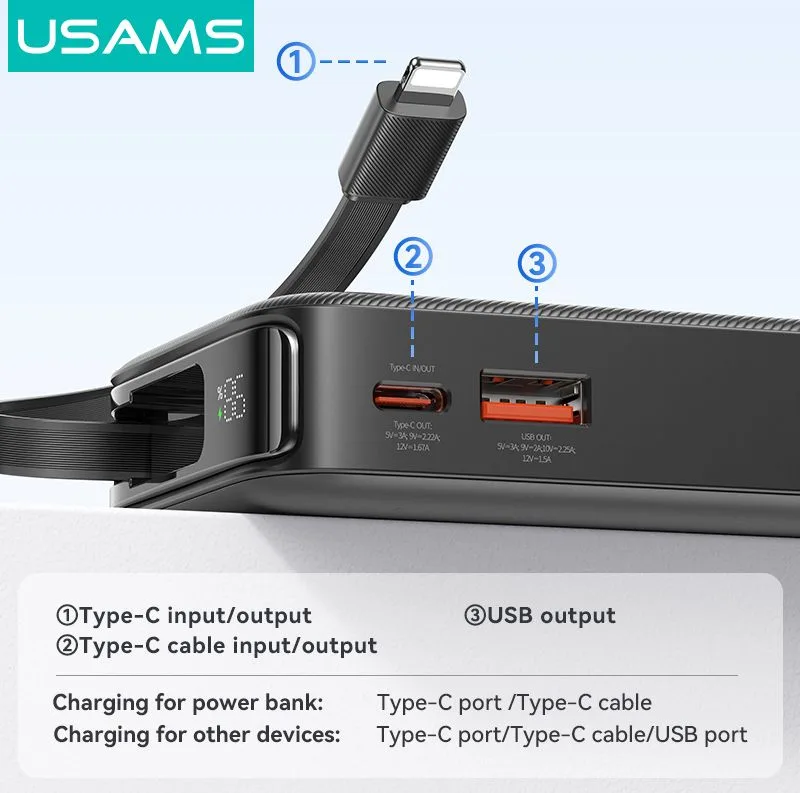 USAMS power bank CD225 με καλώδιο Lightning, 2x θύρες εξόδου, 10000mAh, 20W, λευκό — εικόνα 4