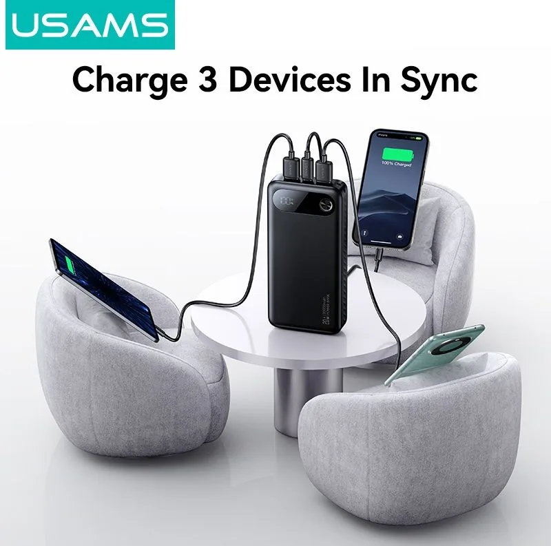 USAMS power bank CD251 με οθόνη, 3x θύρες εξόδου, 20000mAh, PD20W, λευκό — εικόνα 3