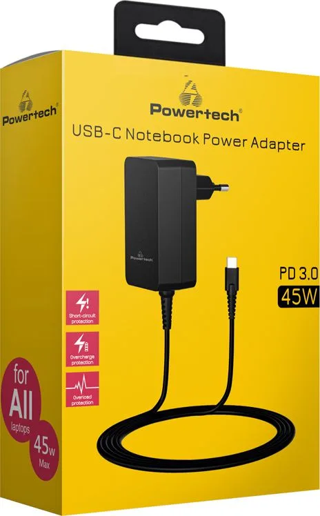 POWERTECH φορτιστής laptop PT-1155, USB-C PD, universal, 45W, μαύρος — εικόνα 2