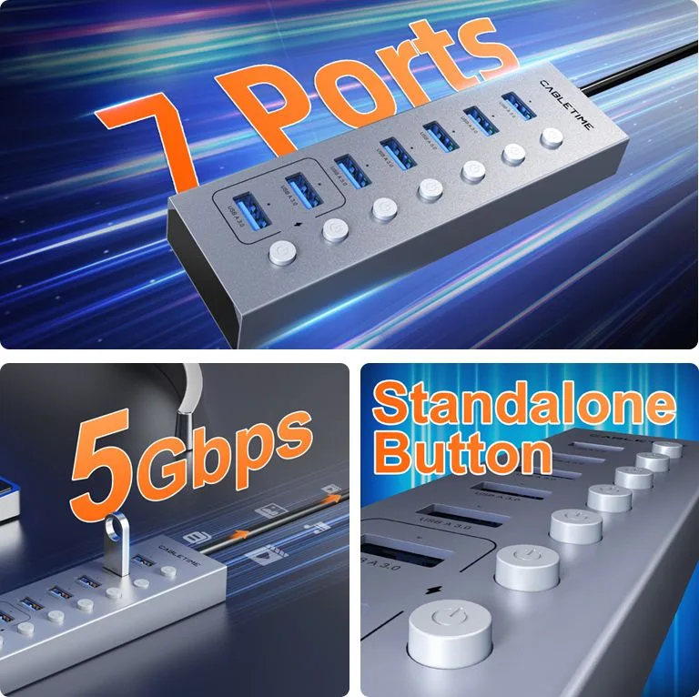 CABLETIME USB hub CT-HUBU7-AG, 7x θυρών, 5Gbps, USB σύνδεση, 1m, γκρι — εικόνα 4
