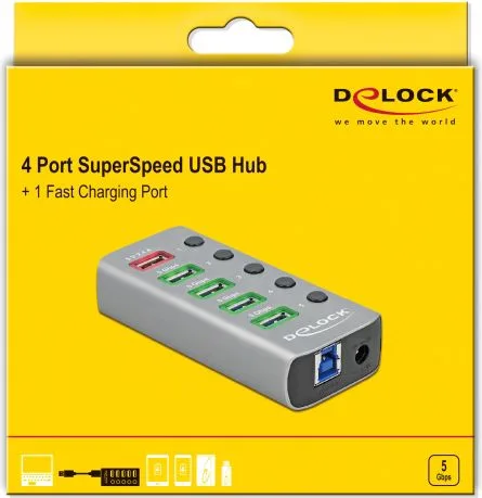 DELOCK USB hub 63262 με διακόπτες, 5x θυρών, 5Gbps, 2.4A, γκρι — εικόνα 3
