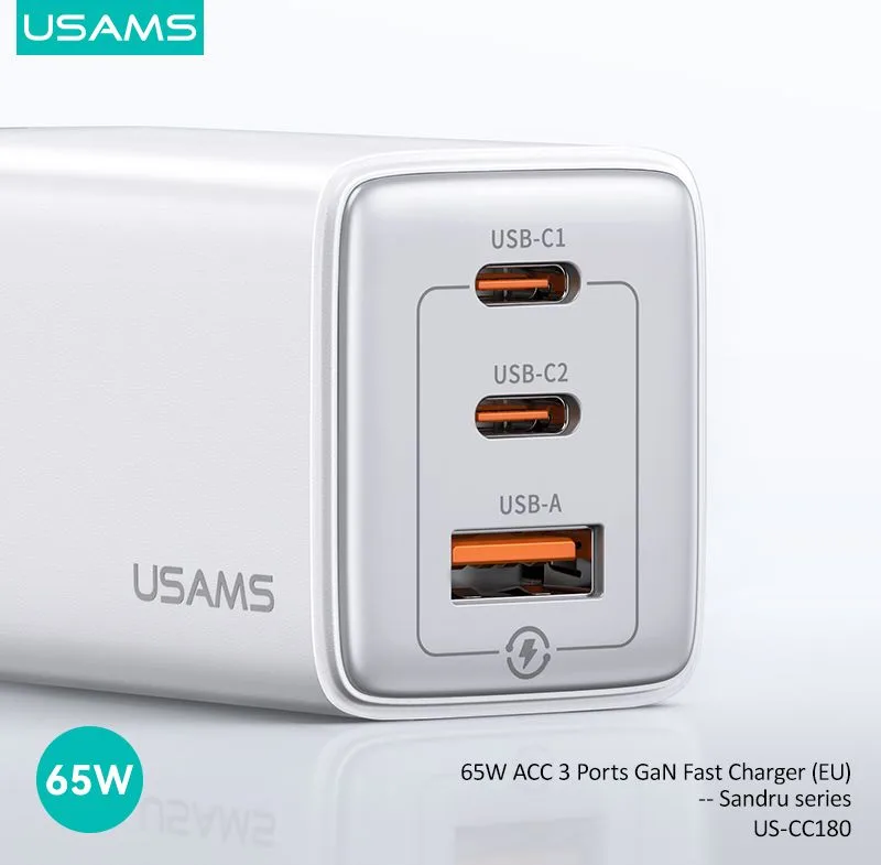 USAMS φορτιστής τοίχου US-CC180, USB & 2x USB-C, 65W PD, GaN, μαύρος — εικόνα 4