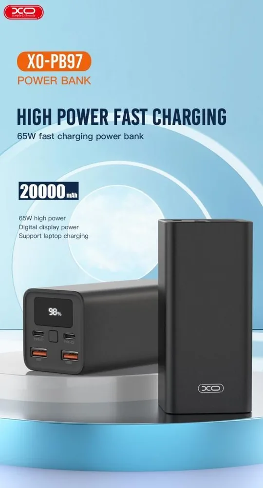 XO PB97 Powerbank 20000MAH 65W, μαύρο — εικόνα 2
