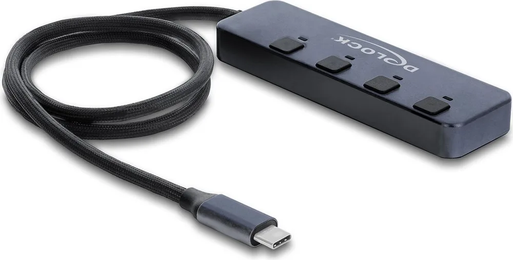 DELOCK USB-C hub 64384 πλάγια όψη με μαύρο καλώδιο USB-C και γκρι σώμα με τέσσερις θύρες