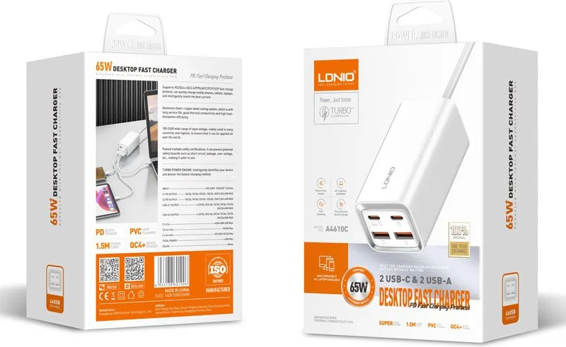 LDNIO σταθμός φόρτισης A4610C, 2x USB-C & 2x USB, 65W, PD/QC, λευκός — εικόνα 6