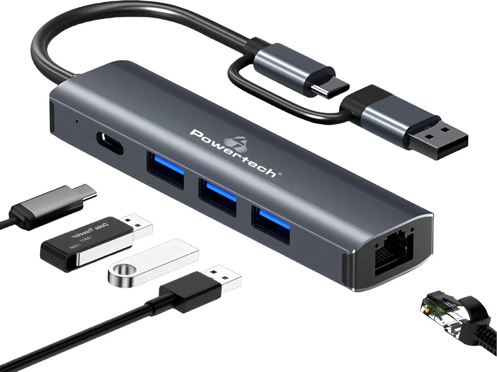 POWERTECH USB hub PTR-0150 με θύρα δικτύου, 4 θυρών, USB & USB-C, γκρι — εικόνα 2