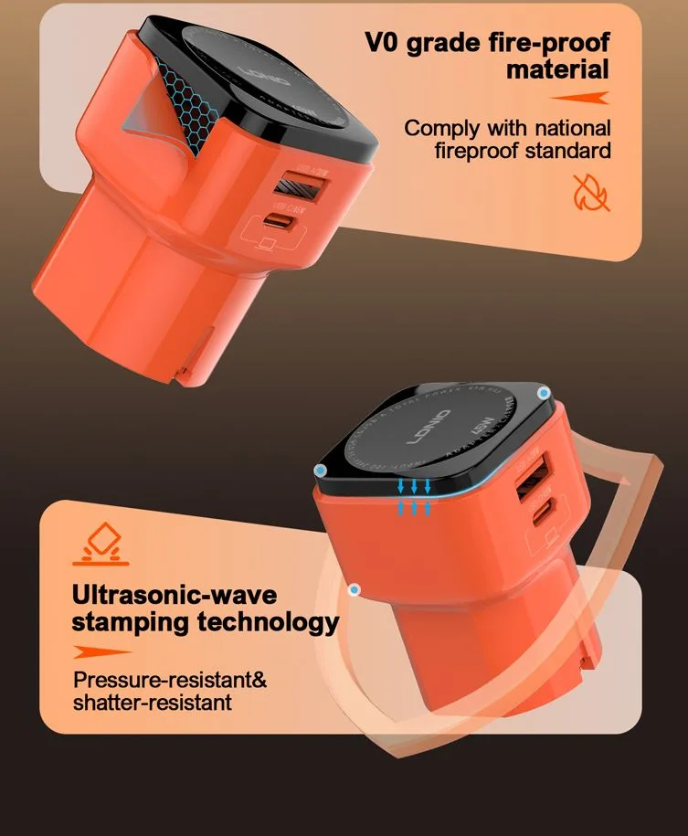 LDNIO φορτιστής τοίχου Q2420 με καλώδιο, USB/USB-C, 45W, universal πρίζα, πορτοκαλί — εικόνα 7
