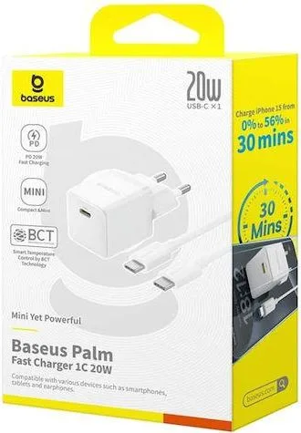 BASEUS Palm φορτιστής ΓΡΗΓΟΡΗΣ φόρτισης, 1 θύρα, ΠΕΡΙΛΑΜΒΑΝΕΙ καλώδιο Type-C ΣΕ Type-C, 20W, ΛΕΥΚΟΣ — εικόνα 3