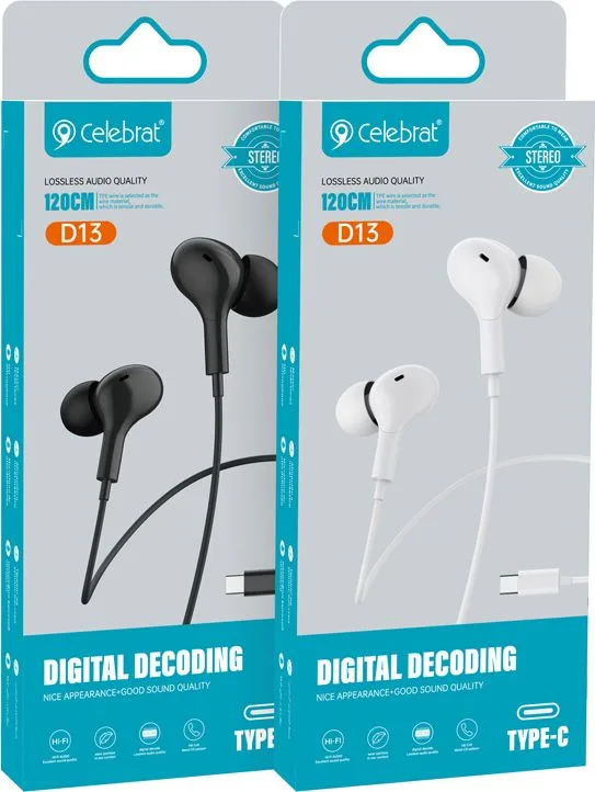 CELEBRAT earphones με μικρόφωνο D13, USB-C σύνδεση, Φ10mm, 1.2m, μαύρα — εικόνα 3