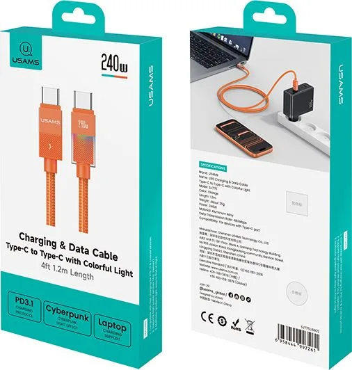 USAMS καλώδιο USB-C SJ775, 240W, 480Mbps, 1.2m, πορτοκαλί — εικόνα 7