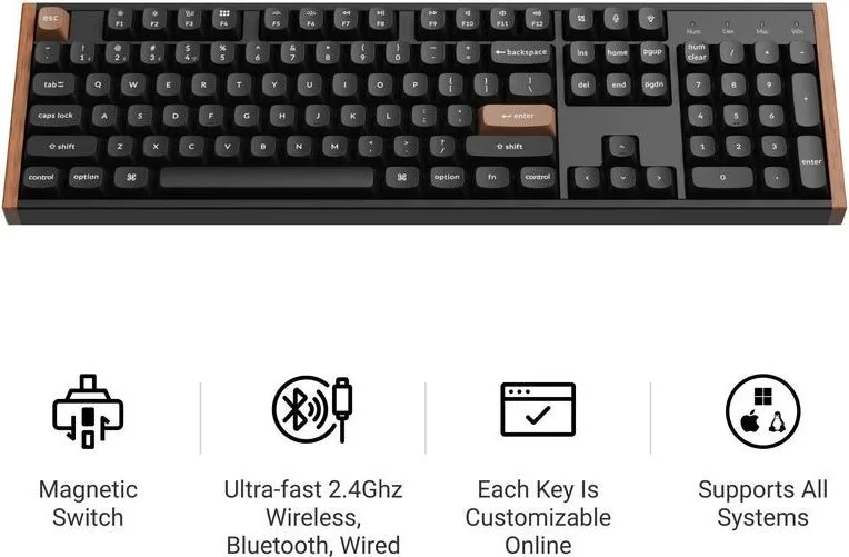 Keychron K10 HE (K10H-F1) Special Wood Edition Wireless Magnetic Hall Effect RGB Keyboard 100% US — εικόνα 2
