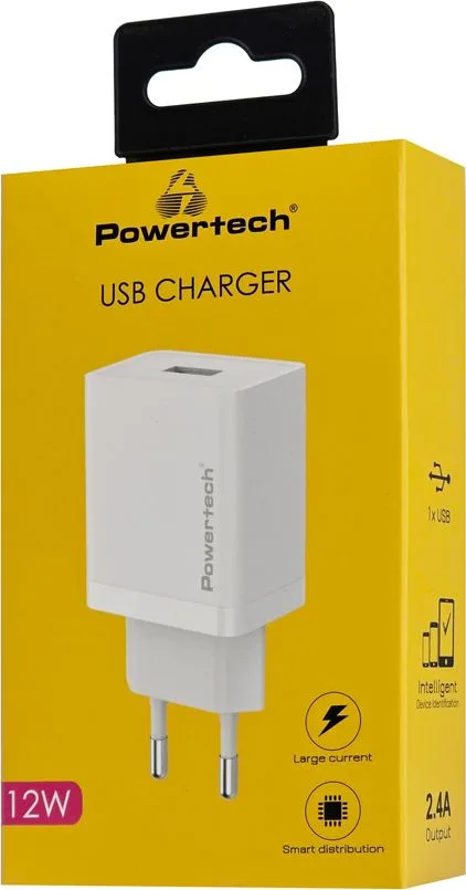 POWERTECH φορτιστής τοίχου PT-1320, USB, 12W, λευκός — εικόνα 2
