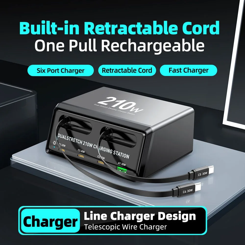 POWERTECH σταθμός φόρτισης PT-1623, USB/3x USB-C/2x USB-C καλώδια, GaN, 160W, μαύρος — εικόνα 5