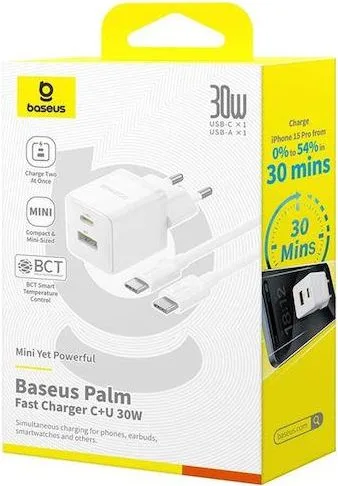 BASEUS Palm φορτιστής ΓΡΗΓΟΡΗΣ φόρτισης, 2 ΘΥΡΕΣ, με καλώδιο Type-C ΣΕ Type-C, 30W, ΛΕΥΚΟΣ — εικόνα 3