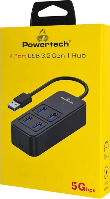 POWERTECH USB 3.2 hub PTR-0153, 4x θυρών, 5Gbps, USB σύνδεση, μαύρο — εικόνα 2