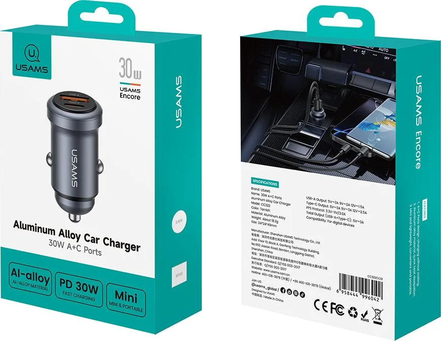 USAMS φορτιστής αυτοκινήτου CC322, USB & USB-C, 30W, γκρι — εικόνα 7