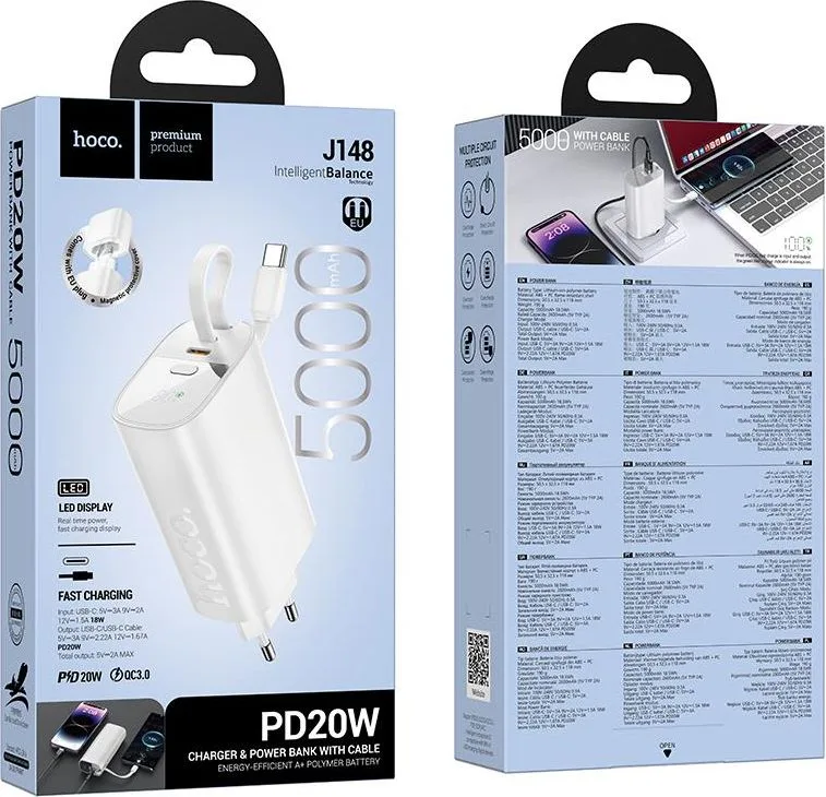 HOCO J148 Handy PD20W Power Bank τοίχου, με καλώδιο Type-C, 5.000MAH, λευκό — εικόνα 2
