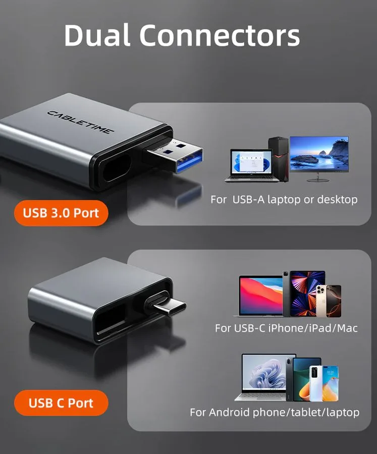 CABLETIME card reader CT-ACCD3-AG για SD & micro SD, USB 3.0, 5Gbps, γκρι — εικόνα 2