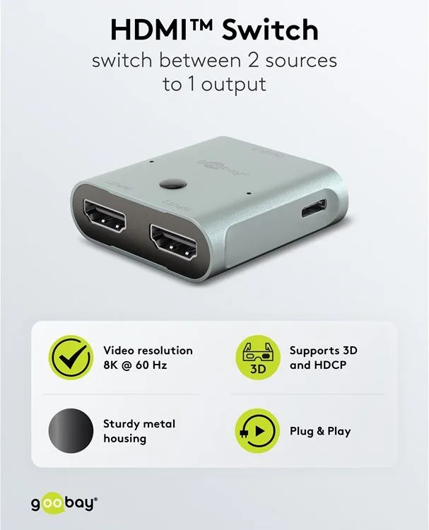 GOOBAY HDMI switch 77791, 2 σε 1, 8K/60Hz, γκρι — εικόνα 4