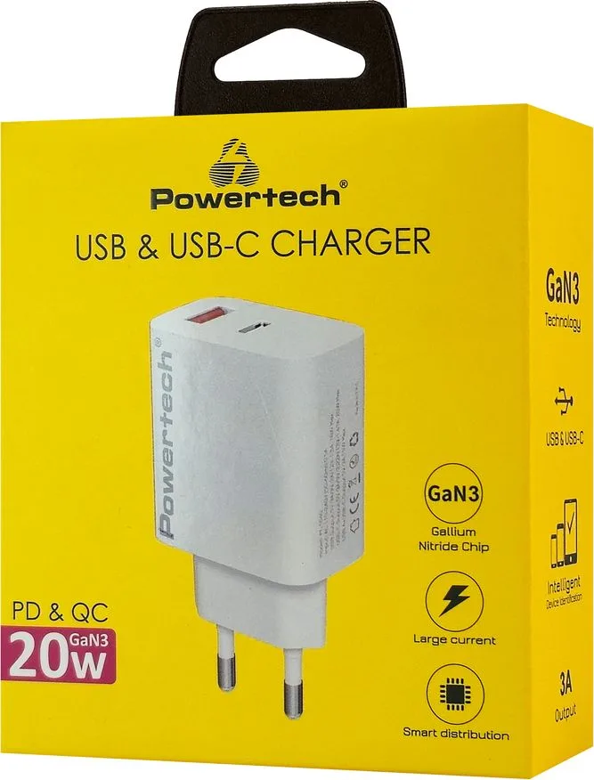 POWERTECH φορτιστής τοίχου PT-1437, USB/USB-C, 20W, GaN, λευκός — εικόνα 2