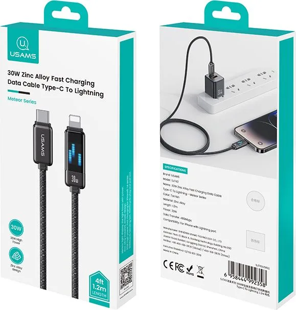 USAMS καλώδιο Lightning σε USB-C SJ743, 30W, 480Mbps, 1.2m, μαύρο — εικόνα 4