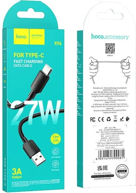 HOCO X96 καλώδιο φόρτισης Hyper Type-C, 27W, 1m, μαύρο — εικόνα 2