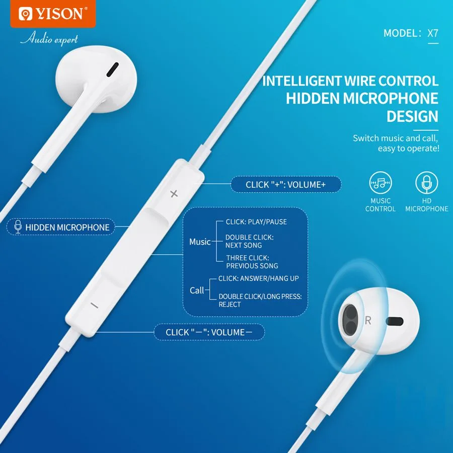 YISON earphones με μικρόφωνο X7, Lightning σύνδεση, Φ14mm, 1.2m, λευκά — εικόνα 2