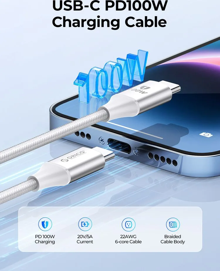 ORICO καλώδιο USB-C CDX-100CC, 100W, 480Mbps, 1m, λευκό — εικόνα 2