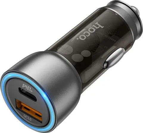 HOCO NZ8 φορτιστής ΑΥΤΟΚΙΝΗΤΟΥ, Sprinter PD25W+QC3.0, καλώδιο Lightning, 2 ΘΥΡΕΣ διάφανο καφέ