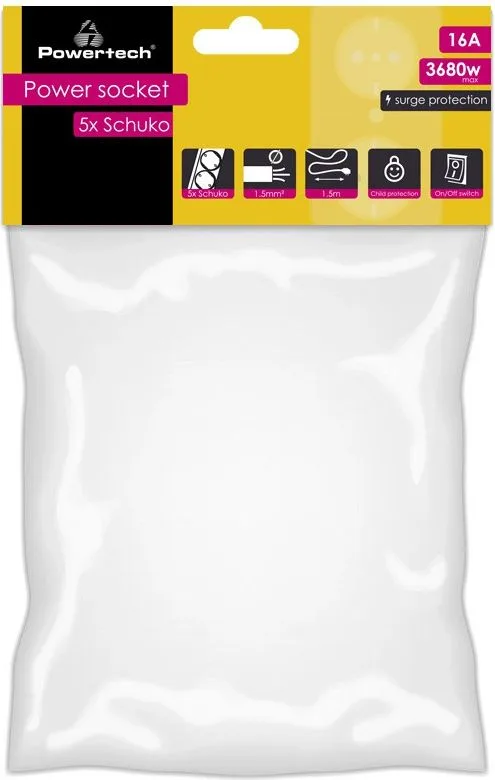 POWERTECH πολύπριζο ασφαλείας PT-881, 5x schuko, 16A, 1.5m, μαύρο — εικόνα 2