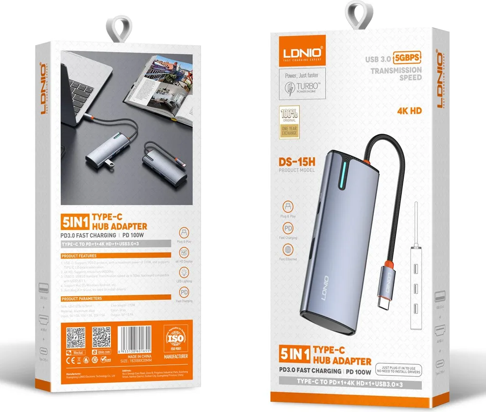 LDNIO docking station DS-15H, 5 θυρών, USB-C σύνδεση, 4K, 100W PD, γκρι — εικόνα 5