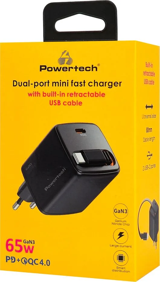 POWERTECH φορτιστής τοίχου PT-1573 με πτυσσόμενο καλώδιο, USB-C, 65W, GaN, μαύρος — εικόνα 3