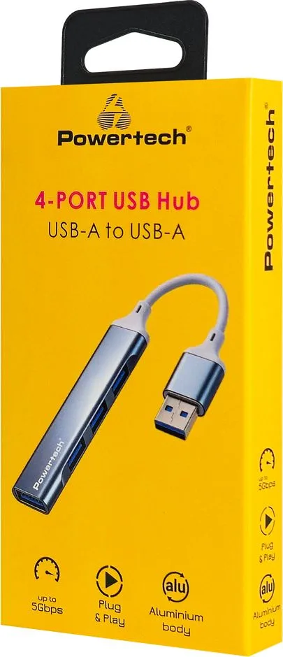 POWERTECH USB hub PTR-0207, 4x θυρών, USB 3.0, 5Gbps, USB σύνδεση, γκρι — εικόνα 2
