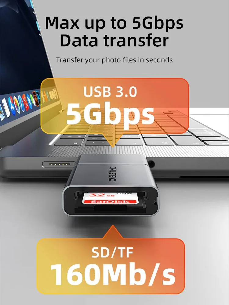 CABLETIME card reader CT-ACCD3-AG για SD & micro SD, USB 3.0, 5Gbps, γκρι — εικόνα 4