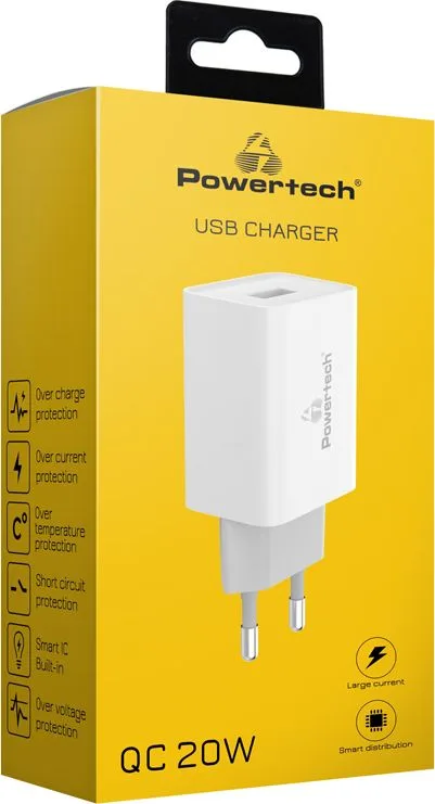 POWERTECH φορτιστής τοίχου PT-780, USB QC 3.0, 20W, 4A, λευκός — εικόνα 2