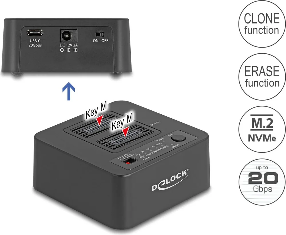 DELOCK docking station για M.2 NVMe SSD 64300, 2 θέσεων, 20Gbps, clone/erase function, μαύρο — εικόνα 3