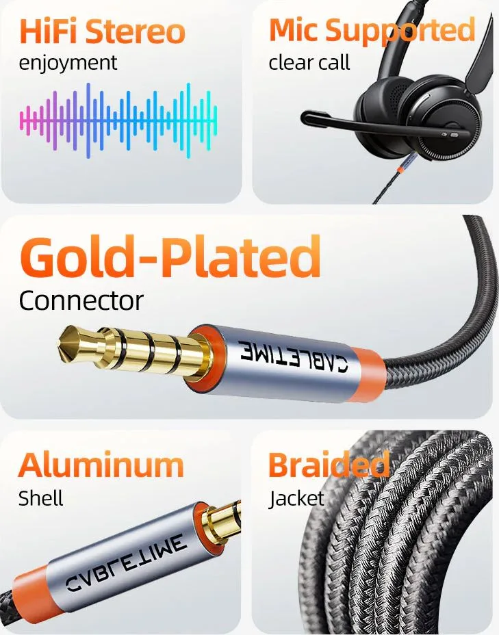 CABLETIME καλώδιο ήχου 3.5mm CT-AM35M, gold plated, 0.5m, μαύρο — εικόνα 2